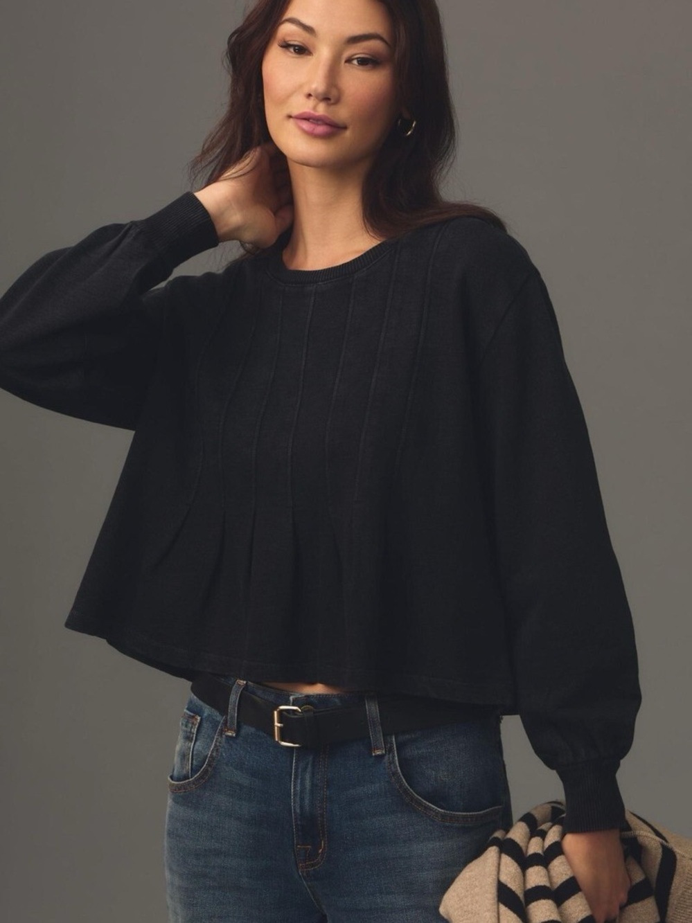 Pilcro Box-Pleated Sweatshirt Anthropologie Black Long Sleeve Blouse Top S NWT